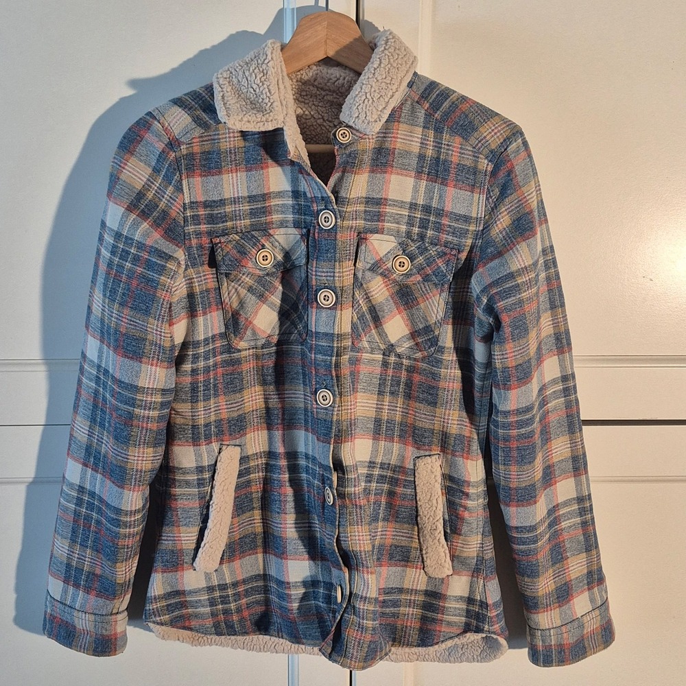 Marmot Womens Sherpa Lined Flannel Jacket Plaid Blue Orange Small